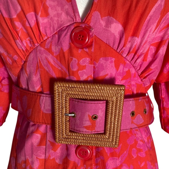 Savida Midi Dress NWT Red Pink Floral Puff Sleeve Belted Midi Tiered Ruffle - Picture 10 of 13